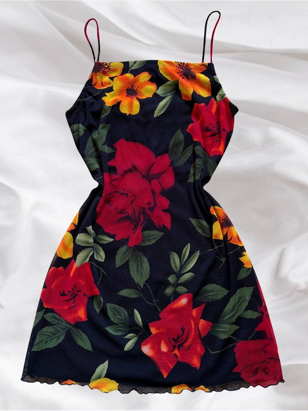 Floral Slip Mini Dress in Black with Red & Yellow Blooms